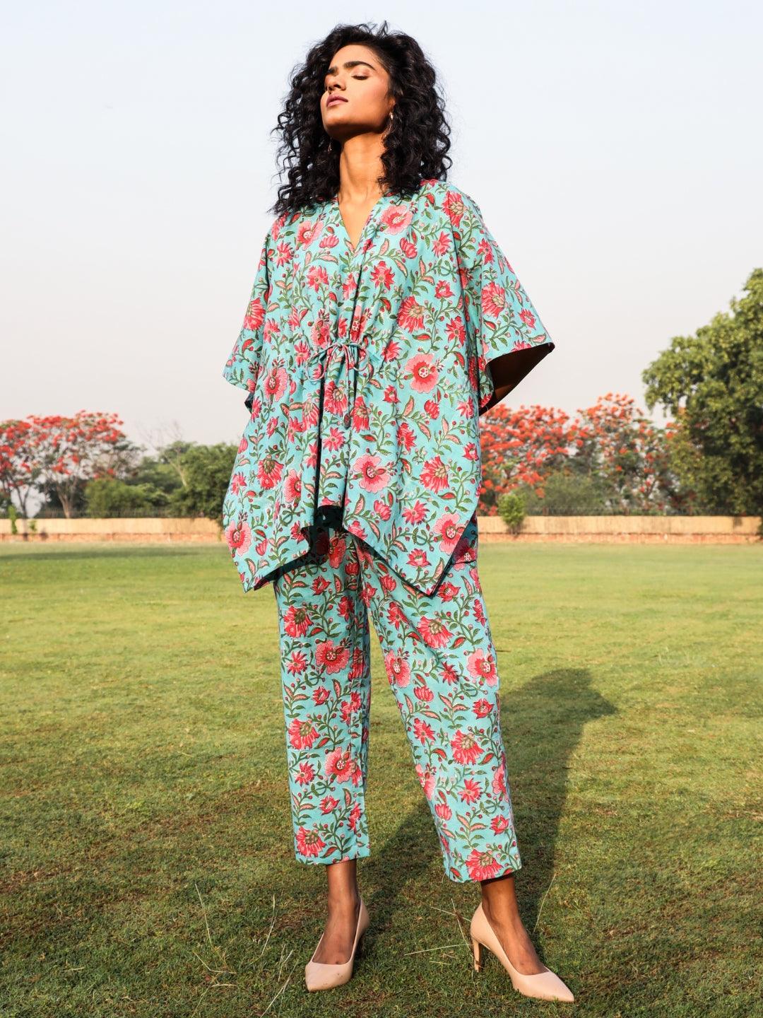 trueBrowns Aqua Cotton Block Print Kaftan Co-Ord Set