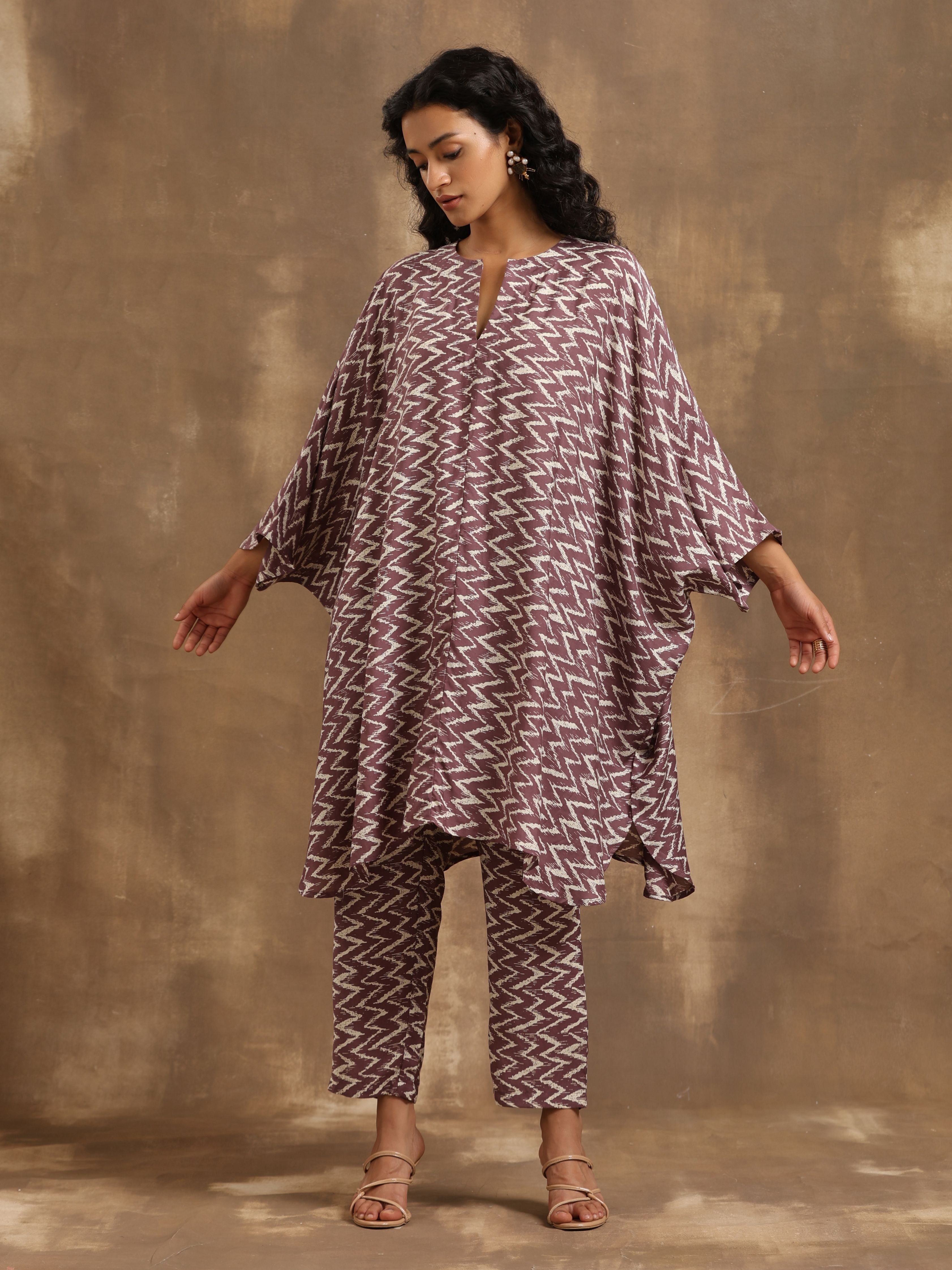 trueBrowns Dark Mauve Zig Zag Printed Silk Kaftan Co-Ord Set