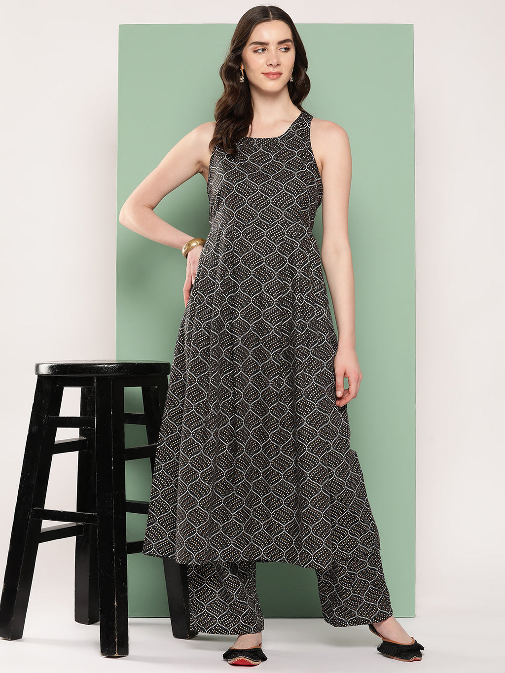 InWeave Women's Black Bandhej Print Raisa Back Detial Long Coords Set