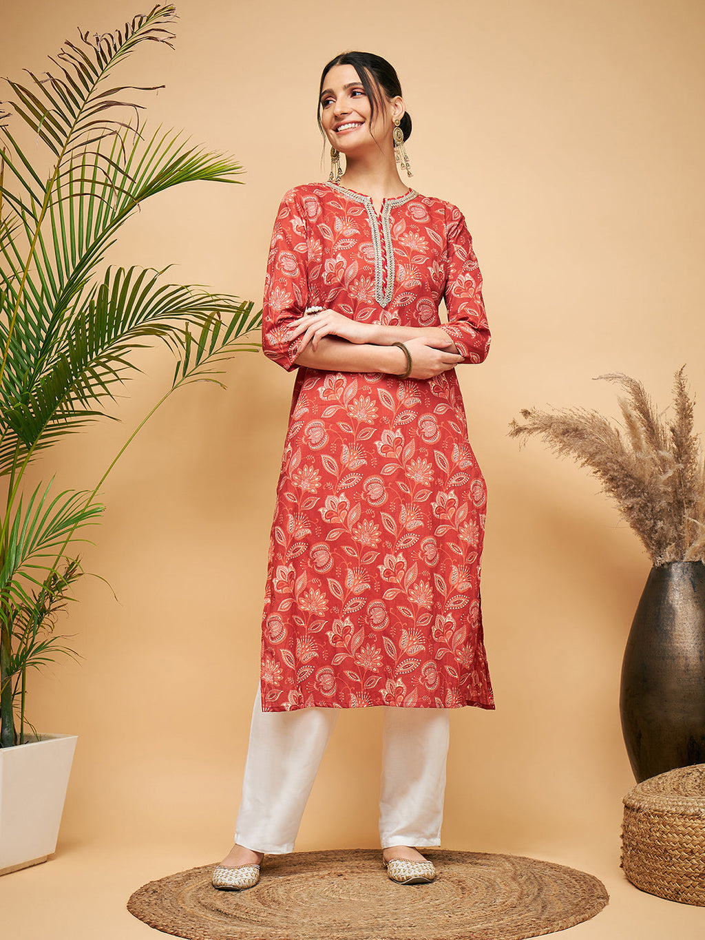 InWeave Women's Rust Paisley Print Gota Straight Kurta Pant Set