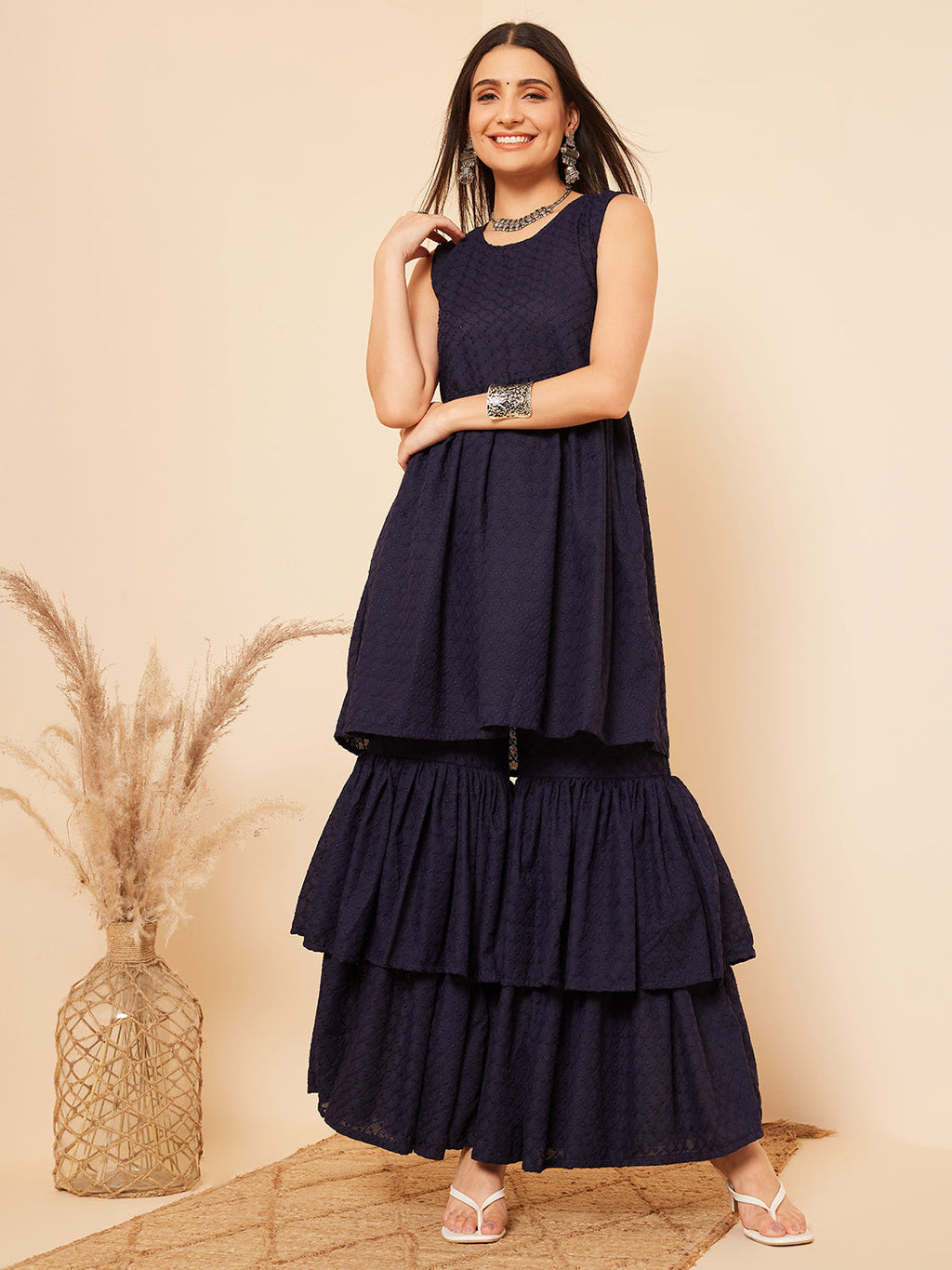 InWeave Women's Navy Blue Lace Work Double Layer Sharara Set