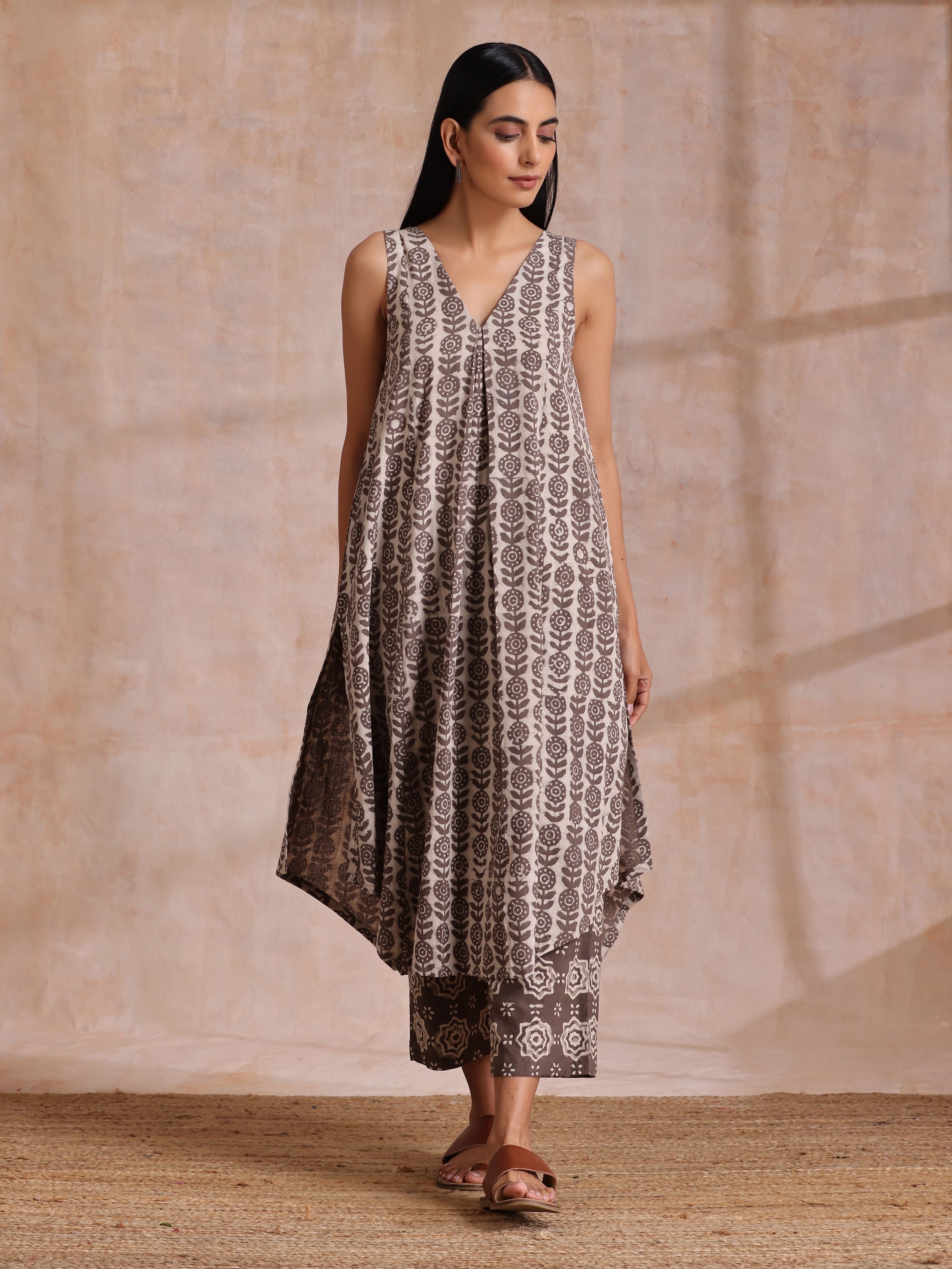trueBrowns Clay Dabu Buta Print Cotton Sleeveless Flared Kurta Pant Set