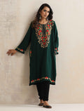 trueBrowns Green Kashmiri Floral Embroidered Woollen Phiran Kurta