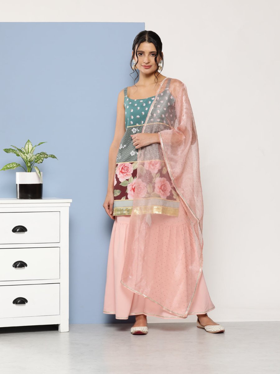 Ahalyaa Women Green Floral Printed Gotta Patti Kurta with Sharara & With Dupatta