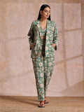 trueBrowns Fern Green Overall Floral Block Print Cotton Pant Suit Set