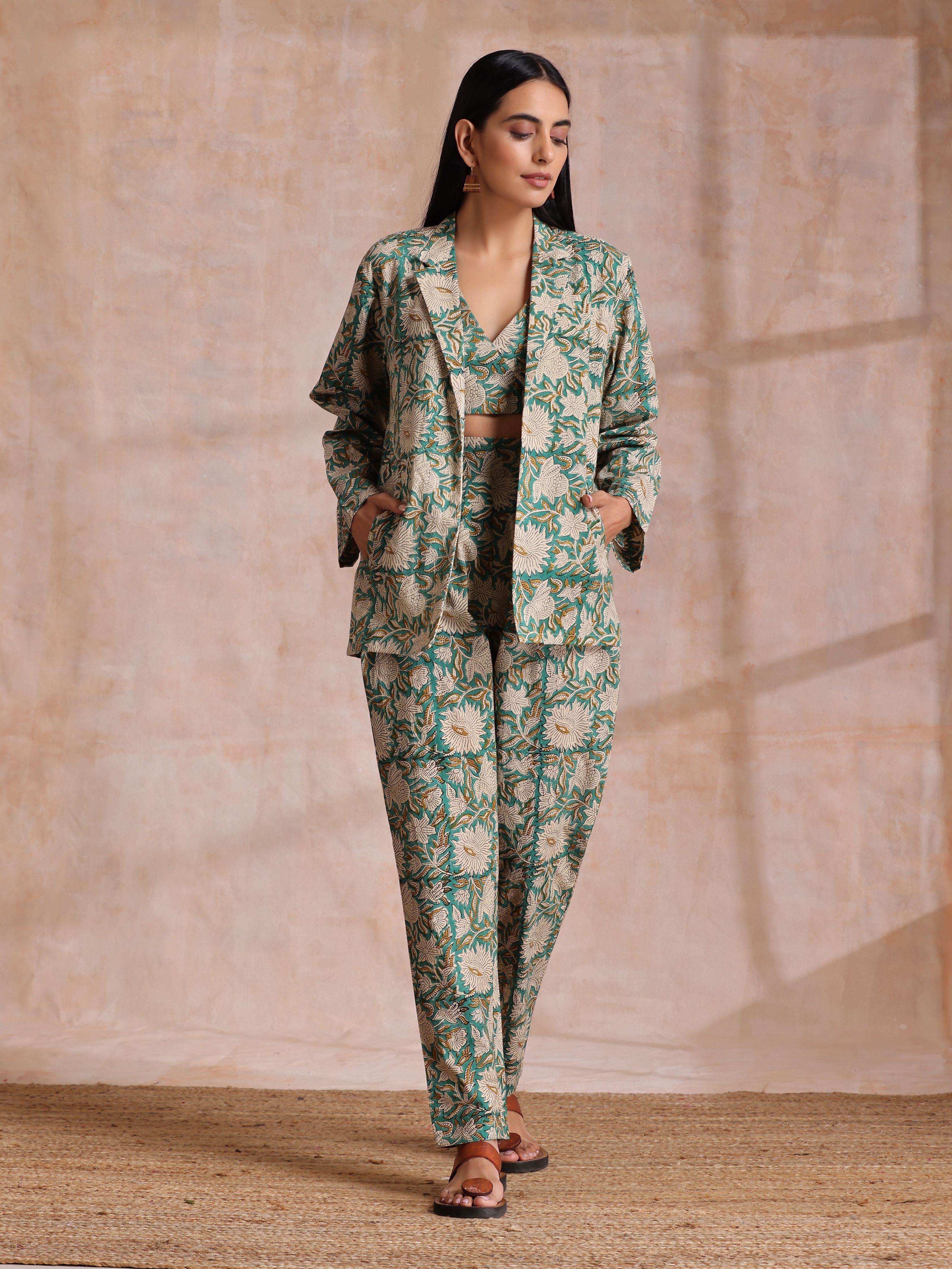 trueBrowns Fern Green Overall Floral Block Print Cotton Pant Suit Set