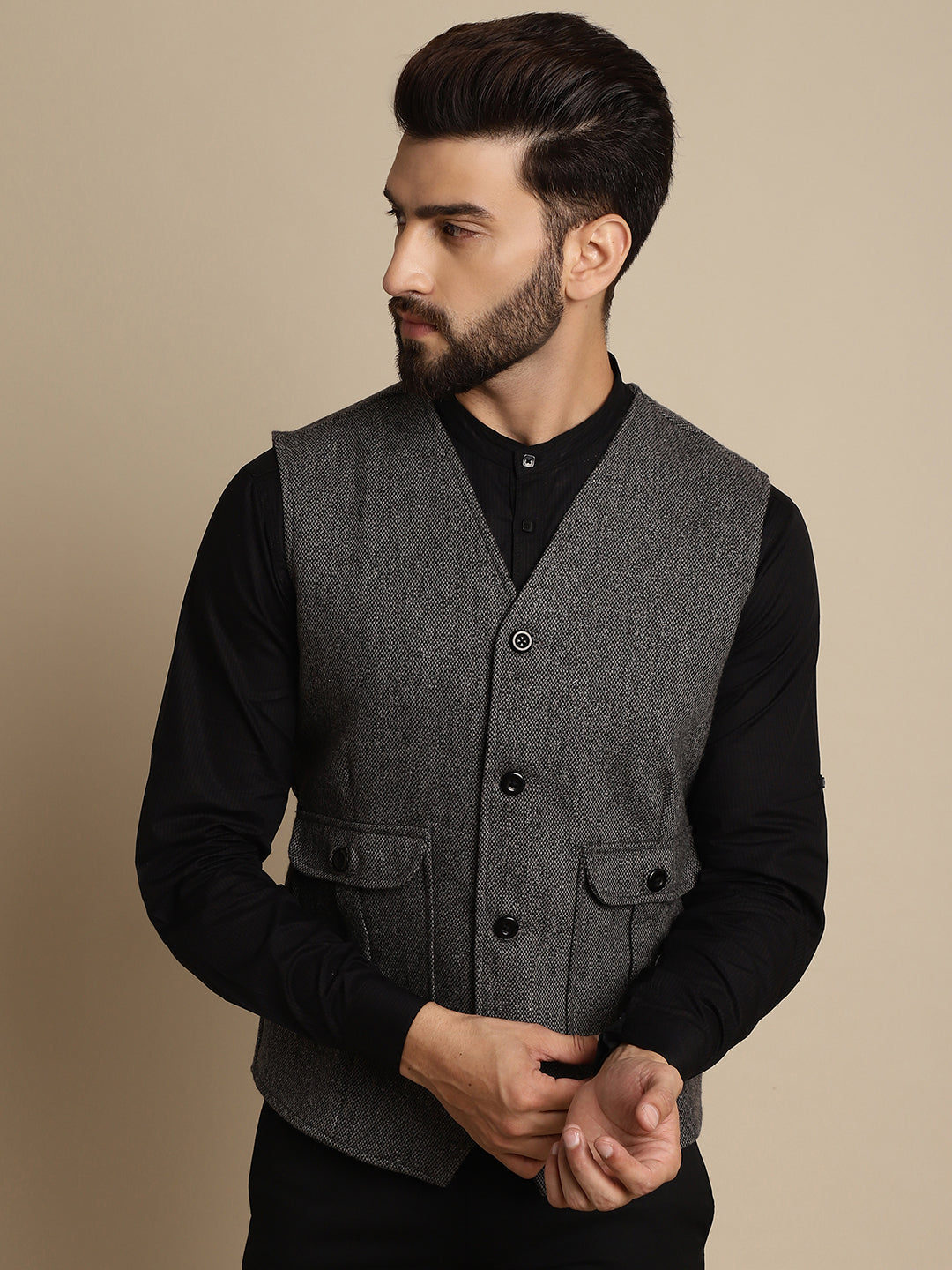 Even Apparels Men's Grey Woolen Waistcoat With Patch Pocket