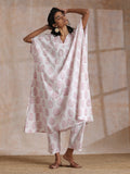 trueBrowns Pink Big Buta On White Print Cotton Panel Kaftan Kurta Pant Set
