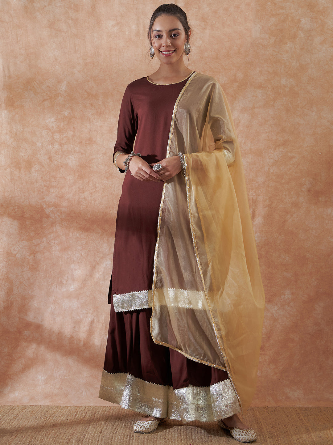 InWeave Women's Brown Gota Work Anarkali Kurta Set W Dupatta