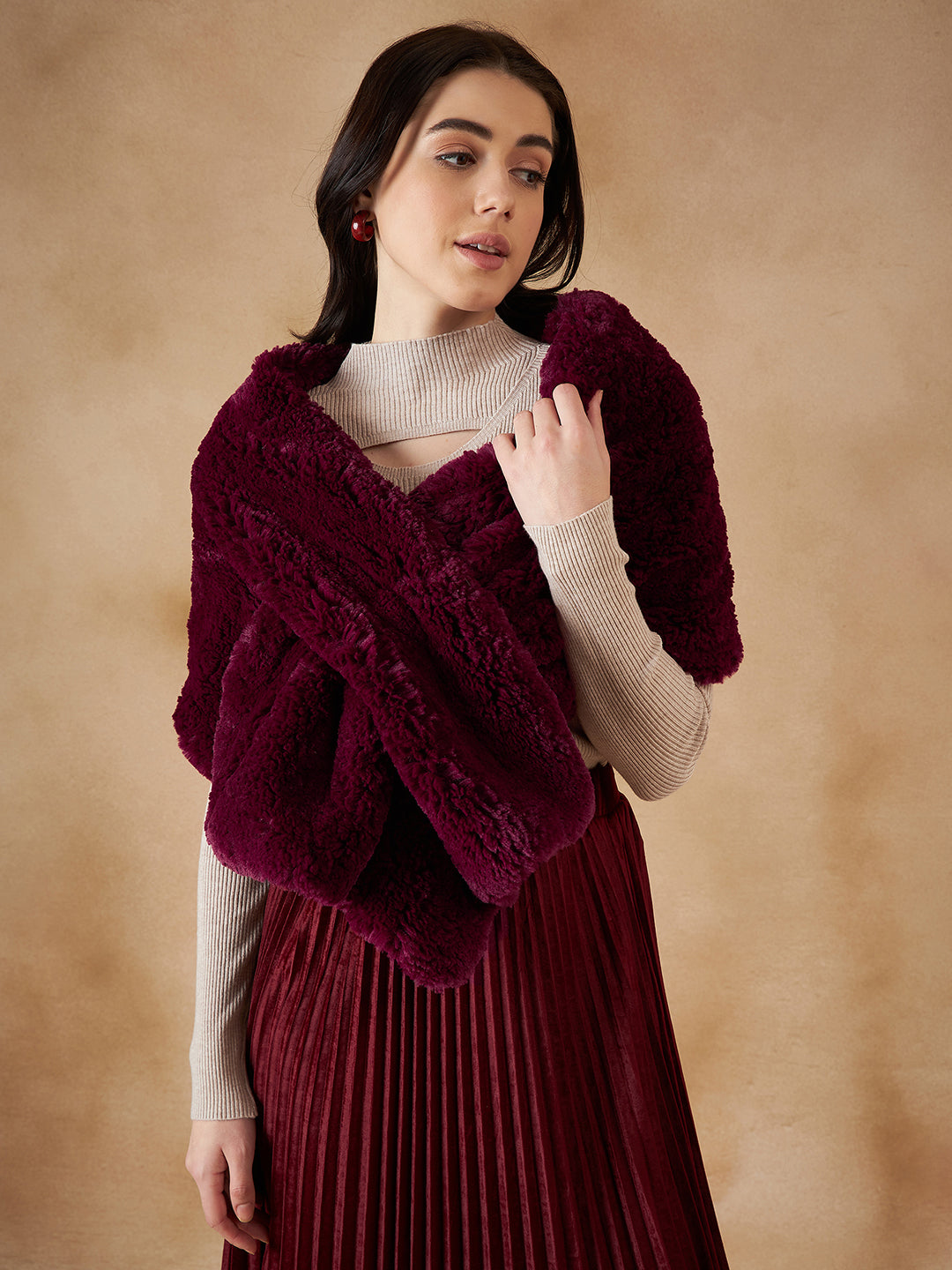 InWeave Women's Burgundy Long Faux Fur Cape