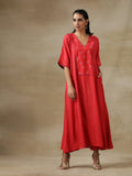 trueBrowns Red Bandhani Printed Silk Long Kurta Pant Set