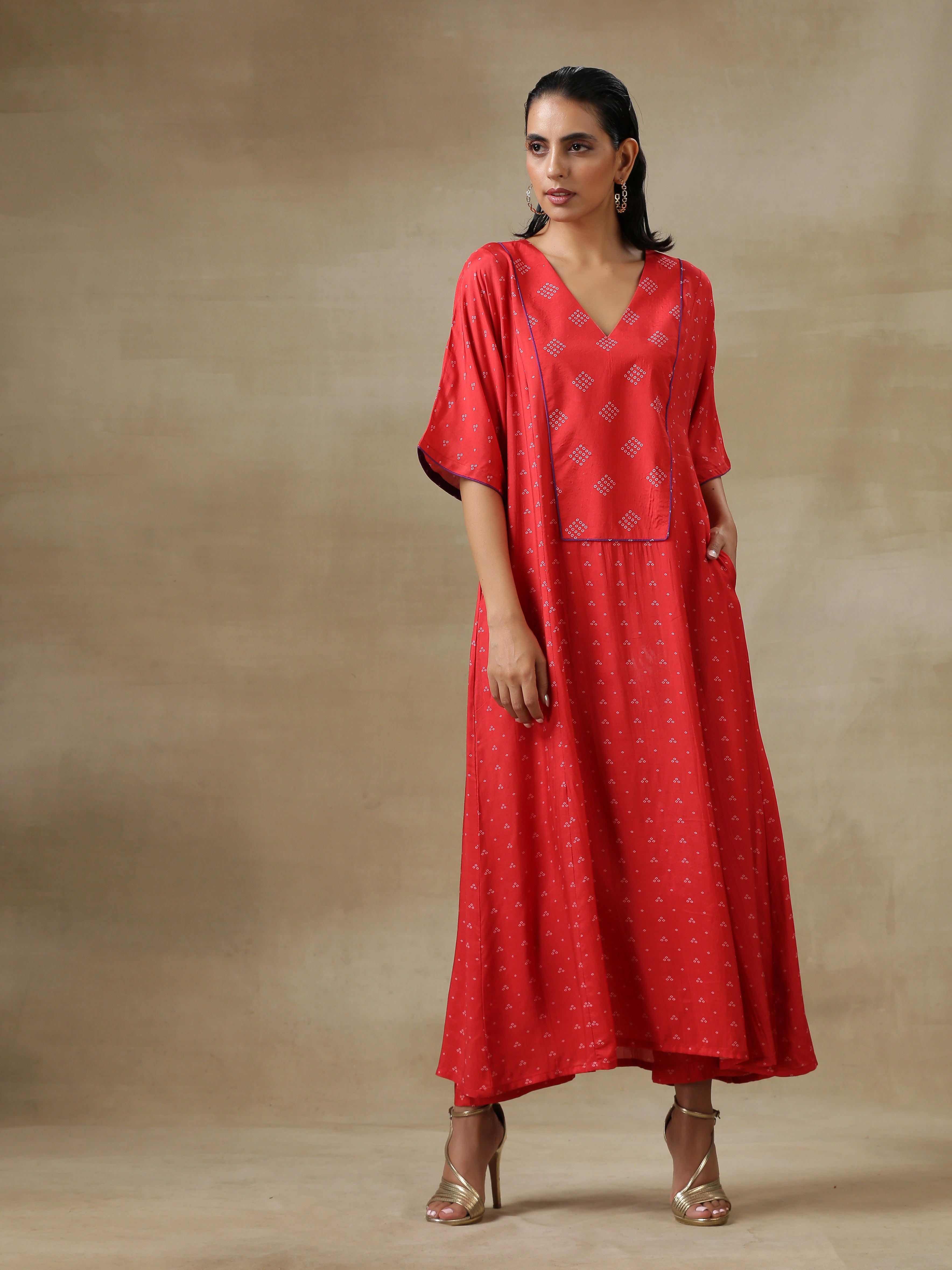 trueBrowns Red Bandhani Printed Silk Long Kurta Pant Set