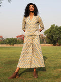 trueBrowns Light Sage Cotton Block Print Lapel Shirt Co-Ord Set