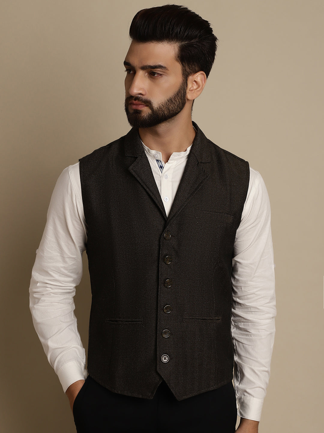 Even Apparels Men's Brown Wool Waistcoat with Notched Lapel