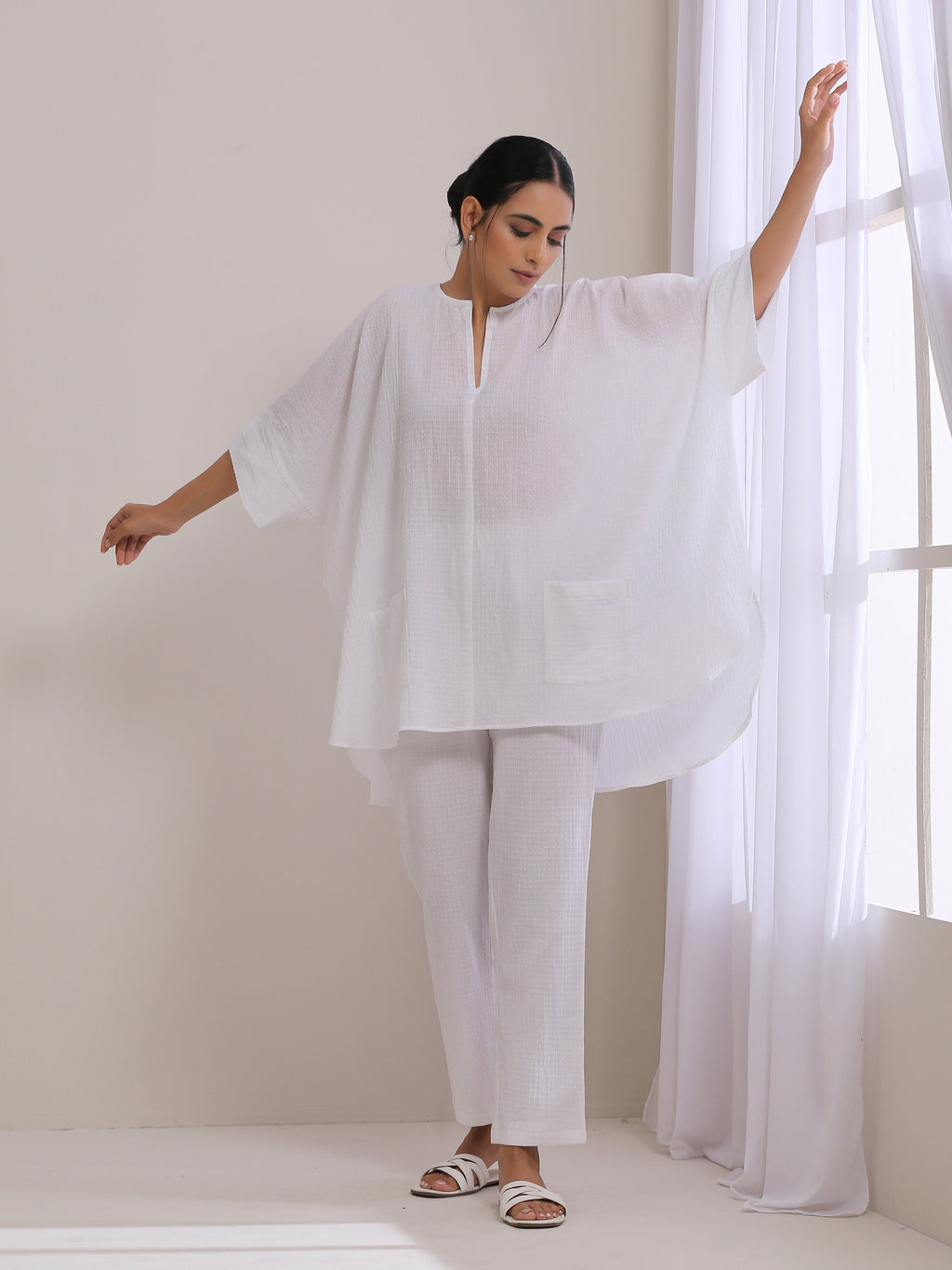 trueBrowns White Dobby Boxy Fit High Low Co-Ord Set
