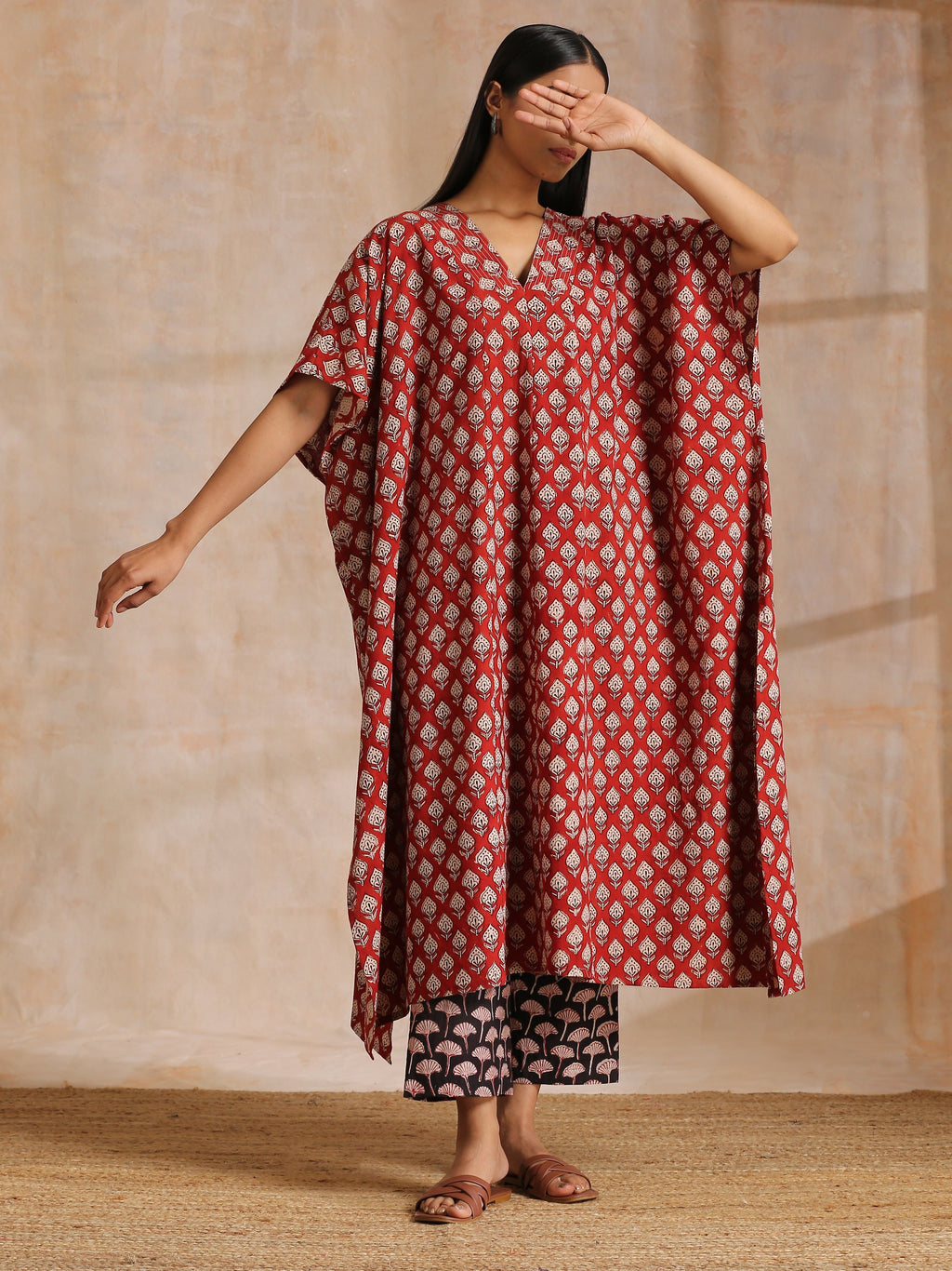 trueBrowns Rust Red Bagru Floral Print Cotton Panel Kaftan Kurta Pant Set