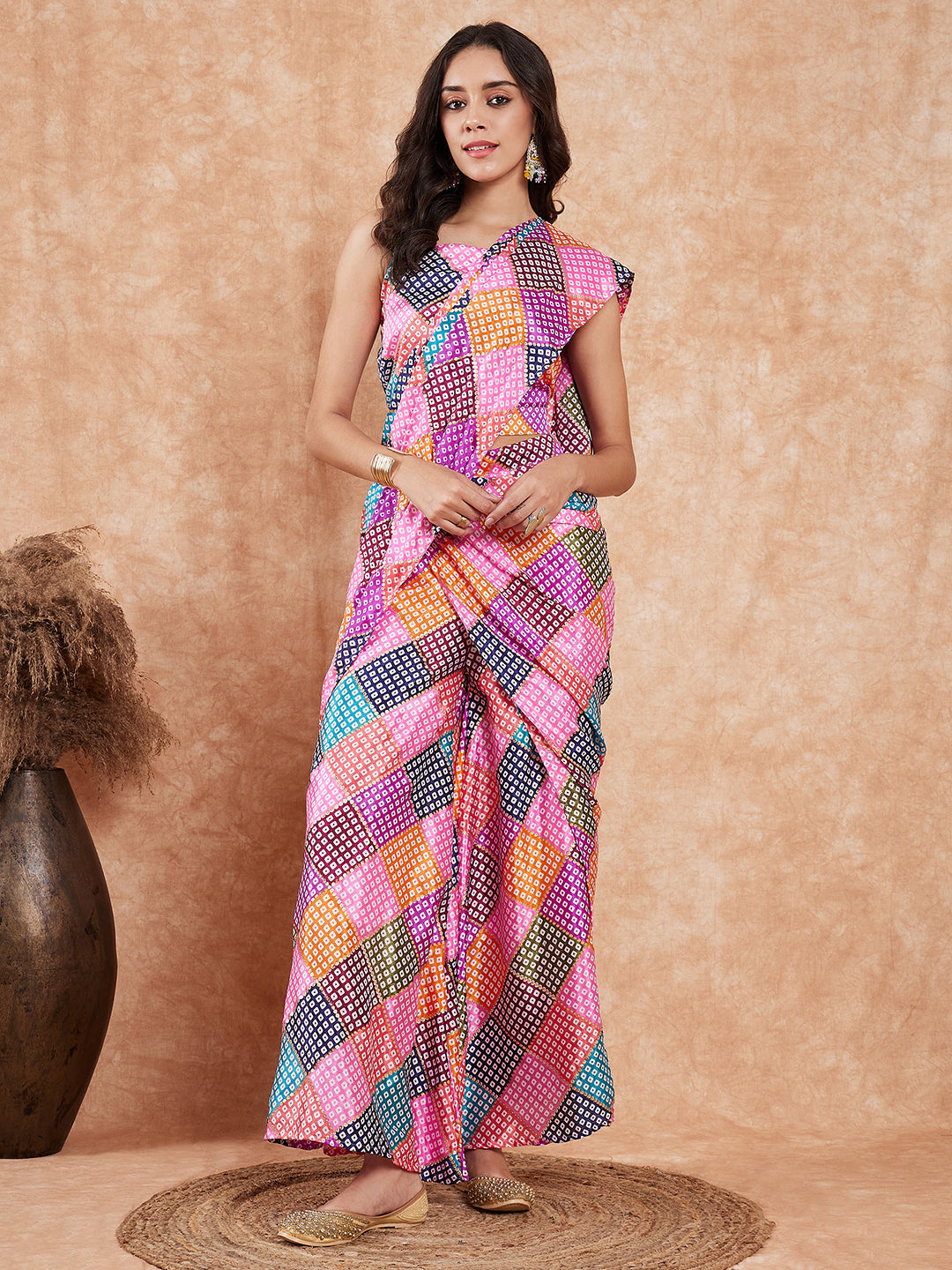 InWeave Women's Pink Square Multi Badhani Palazzo Saree
