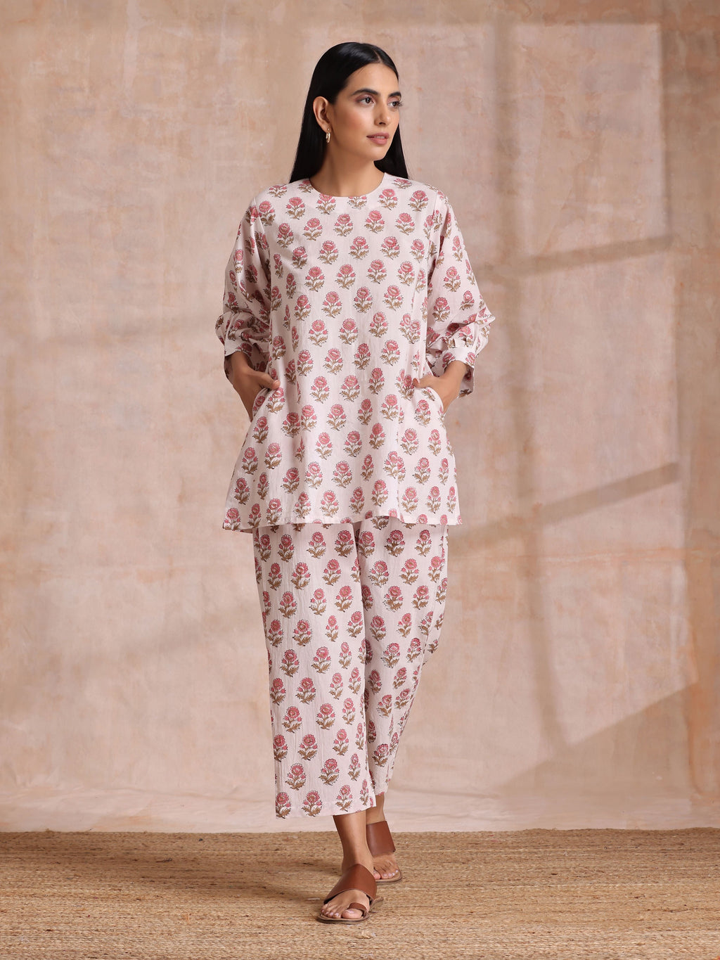 trueBrowns Pink Brown Buta On White Block Print Cotton Baggy Sleeve Co-Ord Set