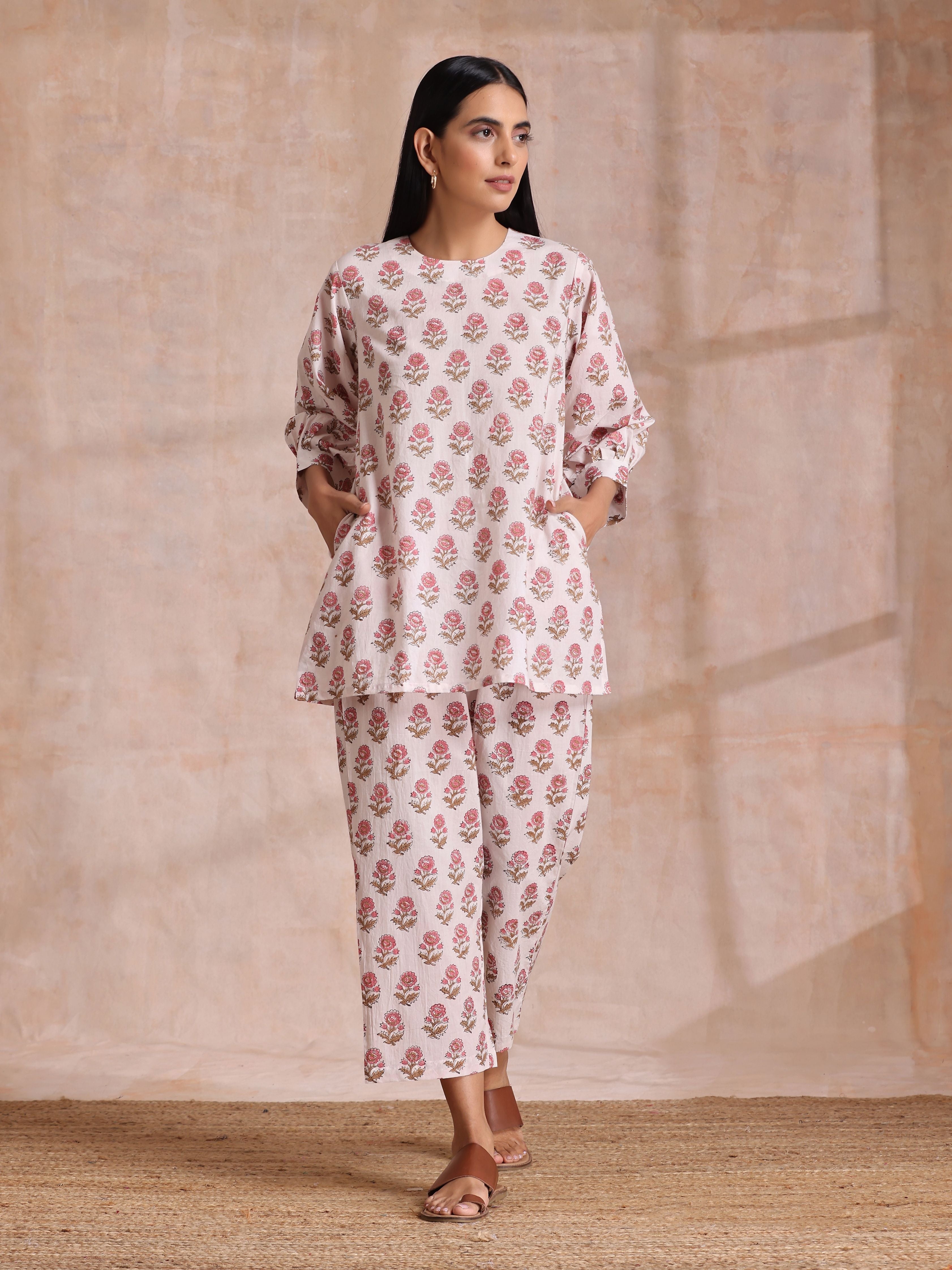 trueBrowns Pink Brown Buta On White Block Print Cotton Baggy Sleeve Co-Ord Set