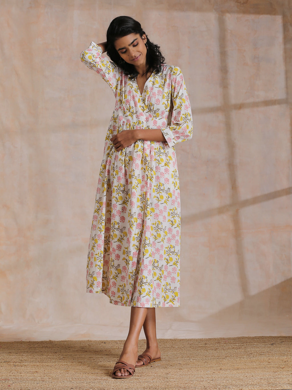 trueBrowns Pink Yellow Floral On White Block Print Cotton Wrap Dress