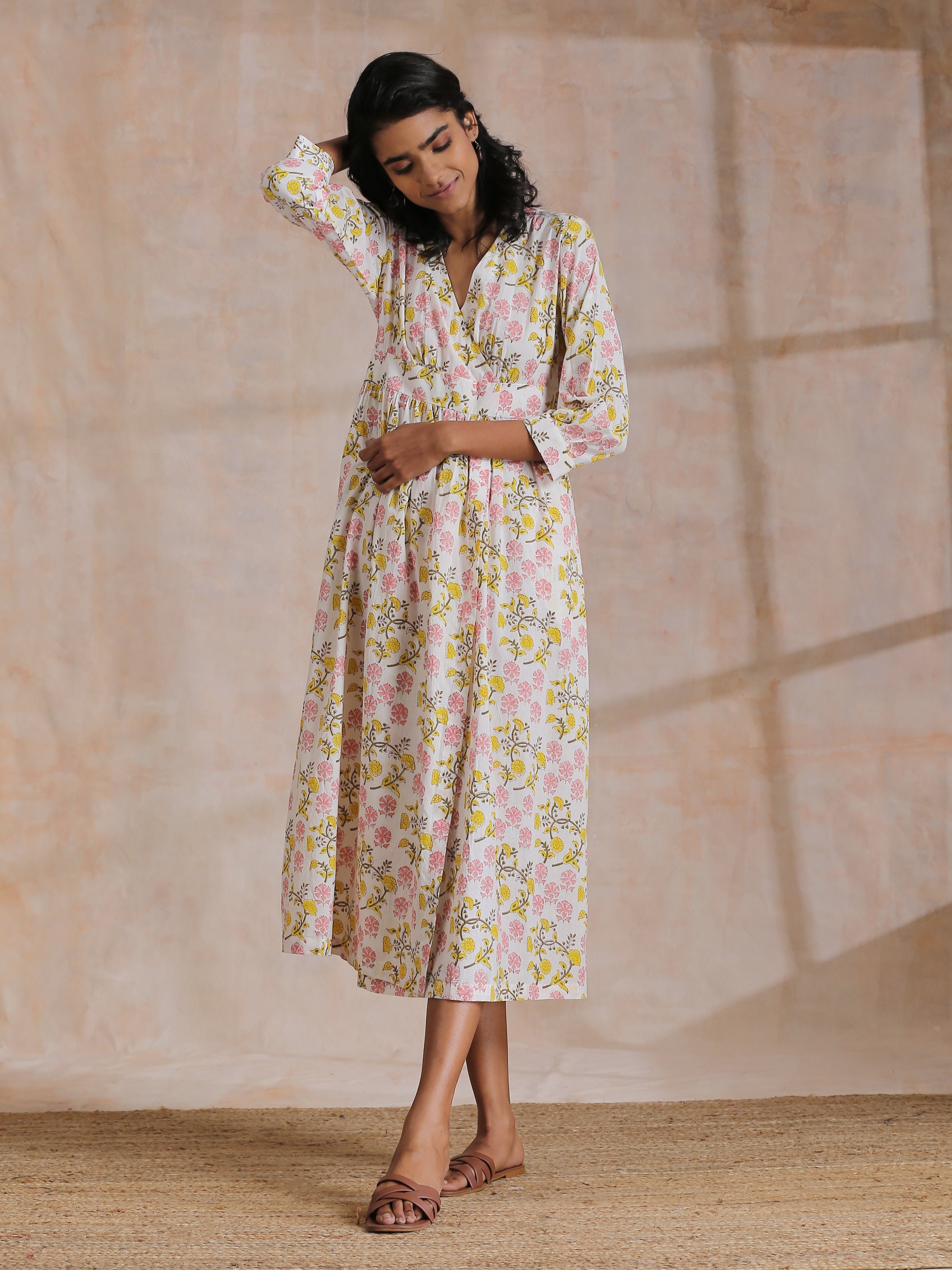 trueBrowns Pink Yellow Floral On White Block Print Cotton Wrap Dress