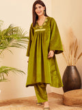 InWeave Women's Olive V Neck Asymmetrical Pleated Velvet Kurta Set