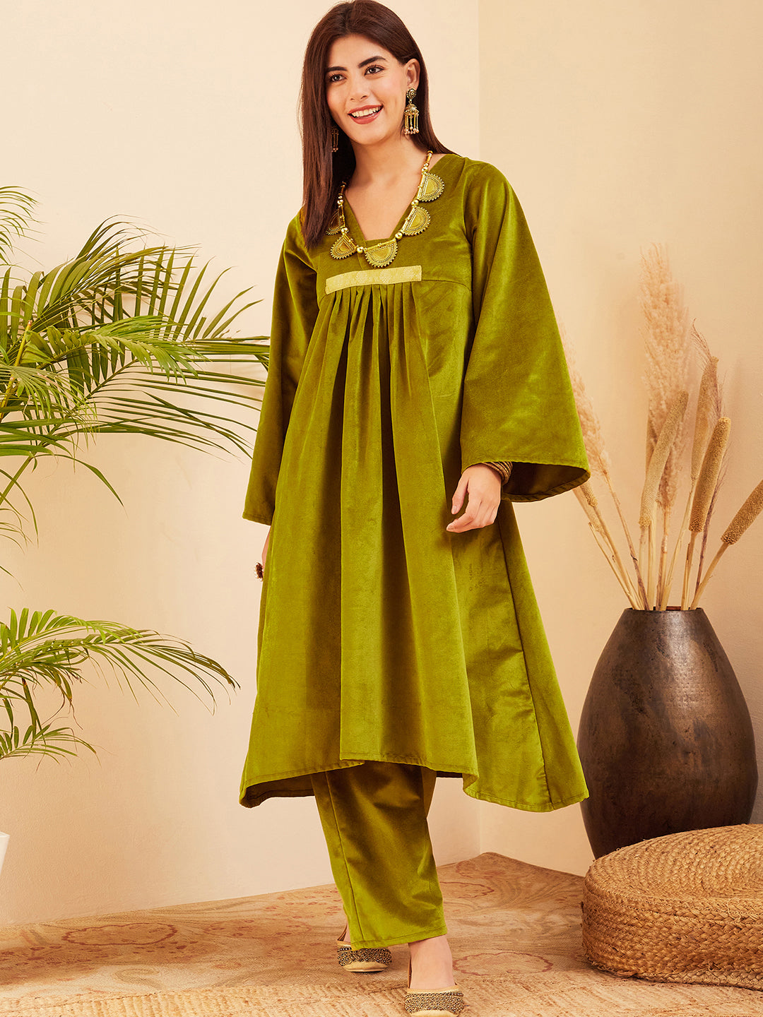 InWeave Women's Olive V Neck Asymmetrical Pleated Velvet Kurta Set
