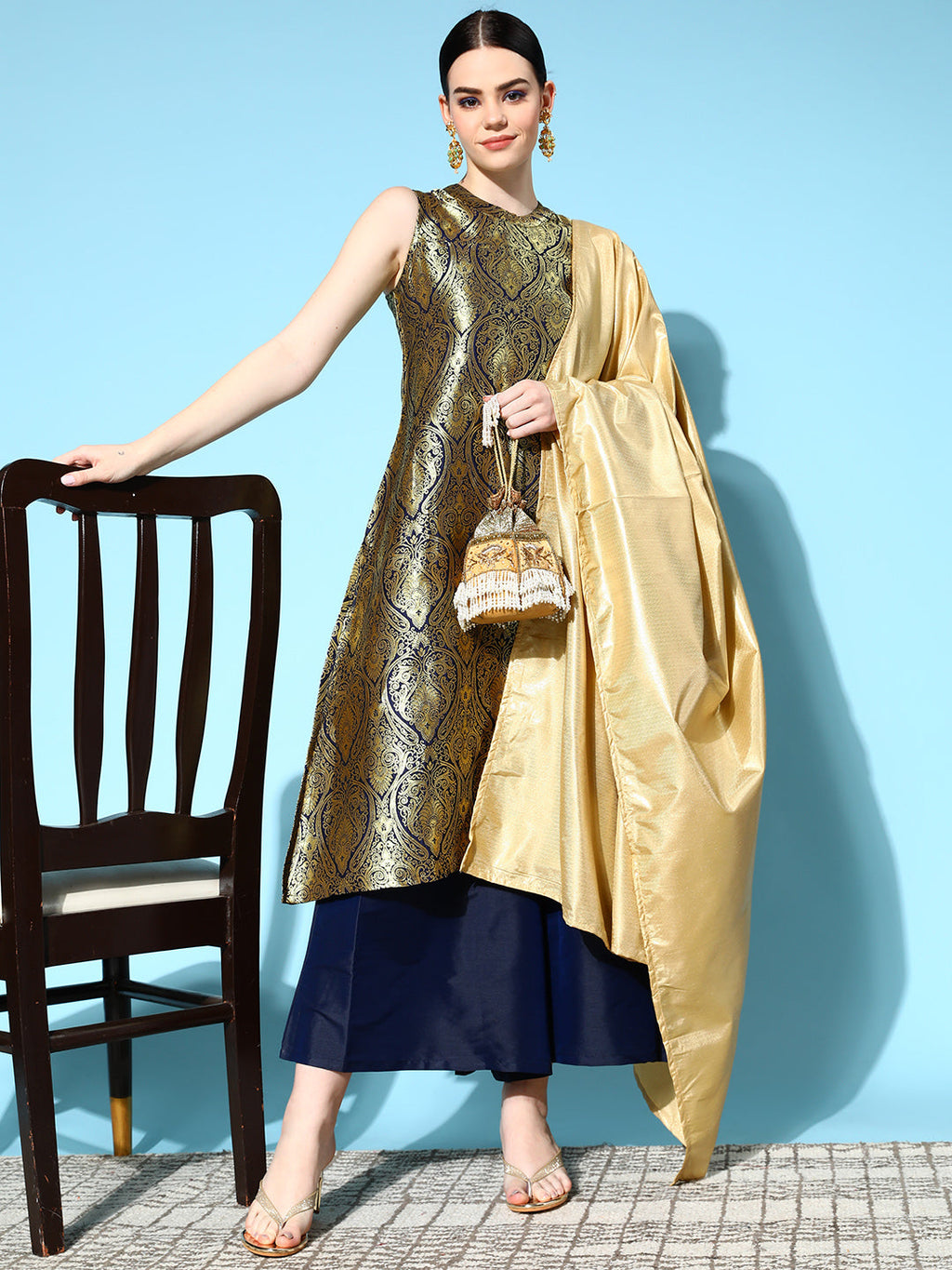 InWeave Women's Blue Banarasi Halter Kurta Set With Golden Dupatta