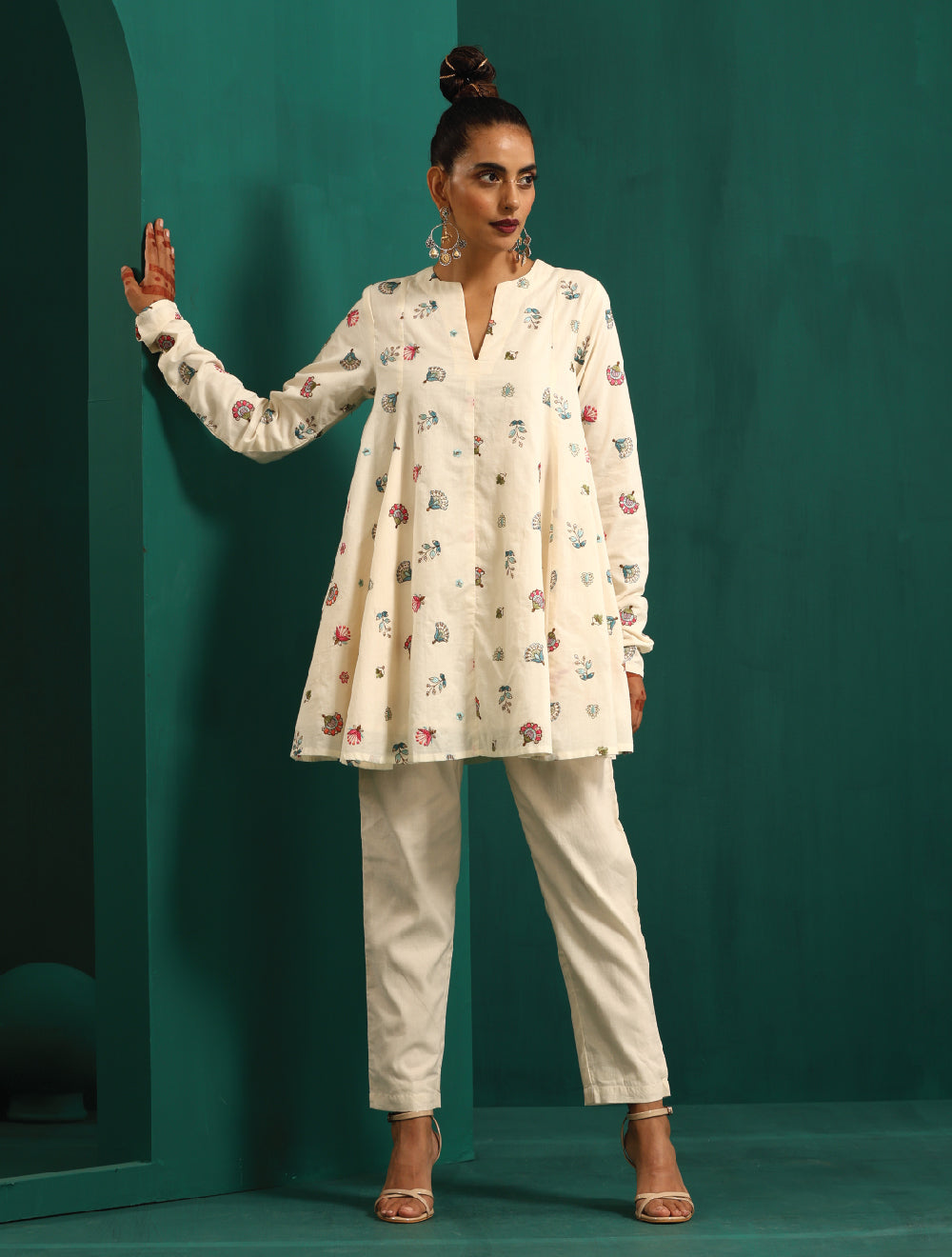 trueBrowns Ivory Multi Color Floral Cotton Flared Co-ord Set