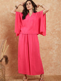 InWeave Women's Fuchsia Solid Collar Neck Boho Top Bottom Set