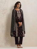 trueBrowns Purple Velvet Embroidered Kurta Pant Dupatta Set