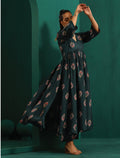 trueBrowns Deep Blue Floral Bunch Muslin Silk Printed V-Neck Waist Gathered Kurta Pant Set