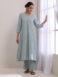 trueBrowns Eggshell Blue Dobby Neck Pleat Kurta Pant Set