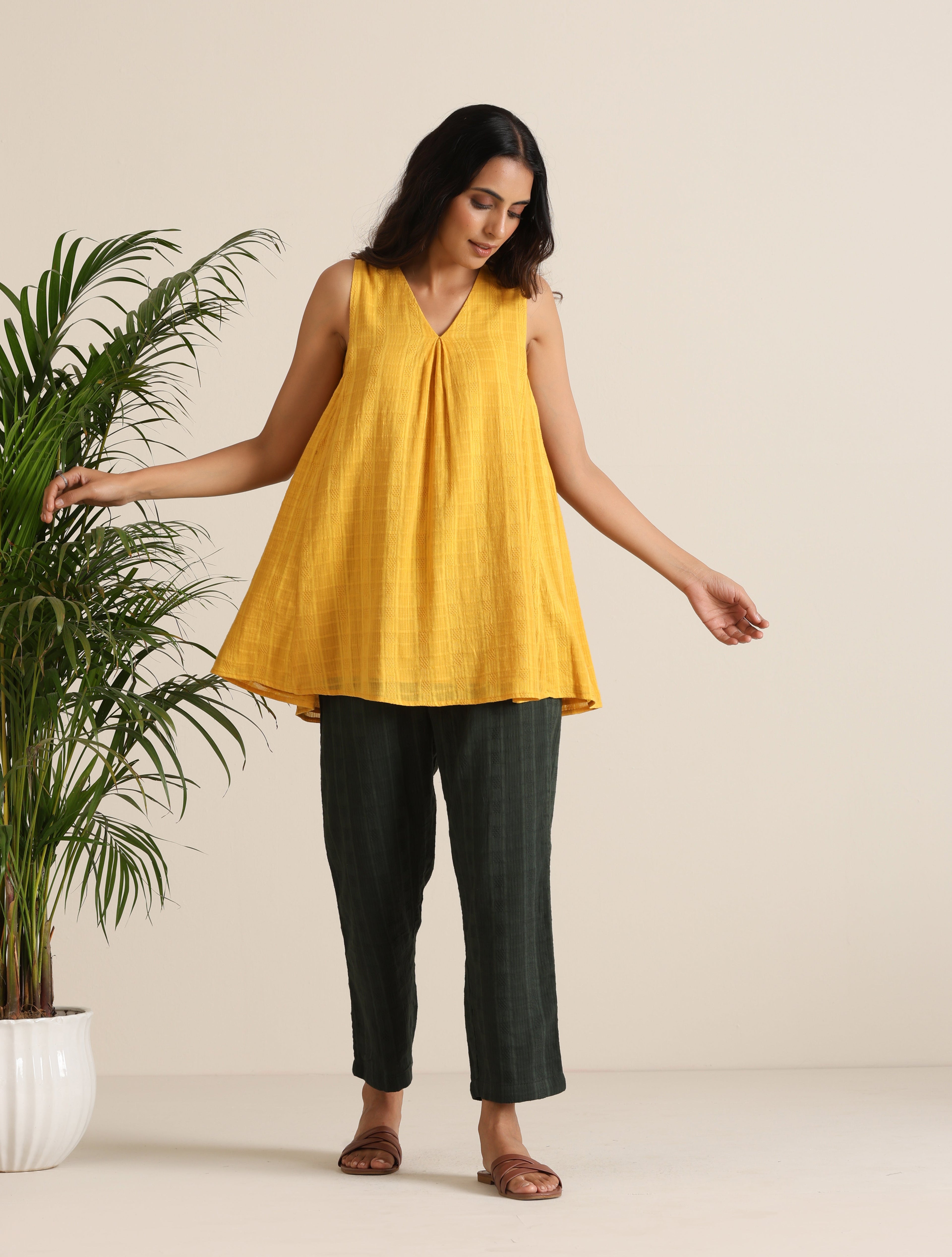 trueBrowns Mustard Cotton Dobby Sleeveless Co-ord Set