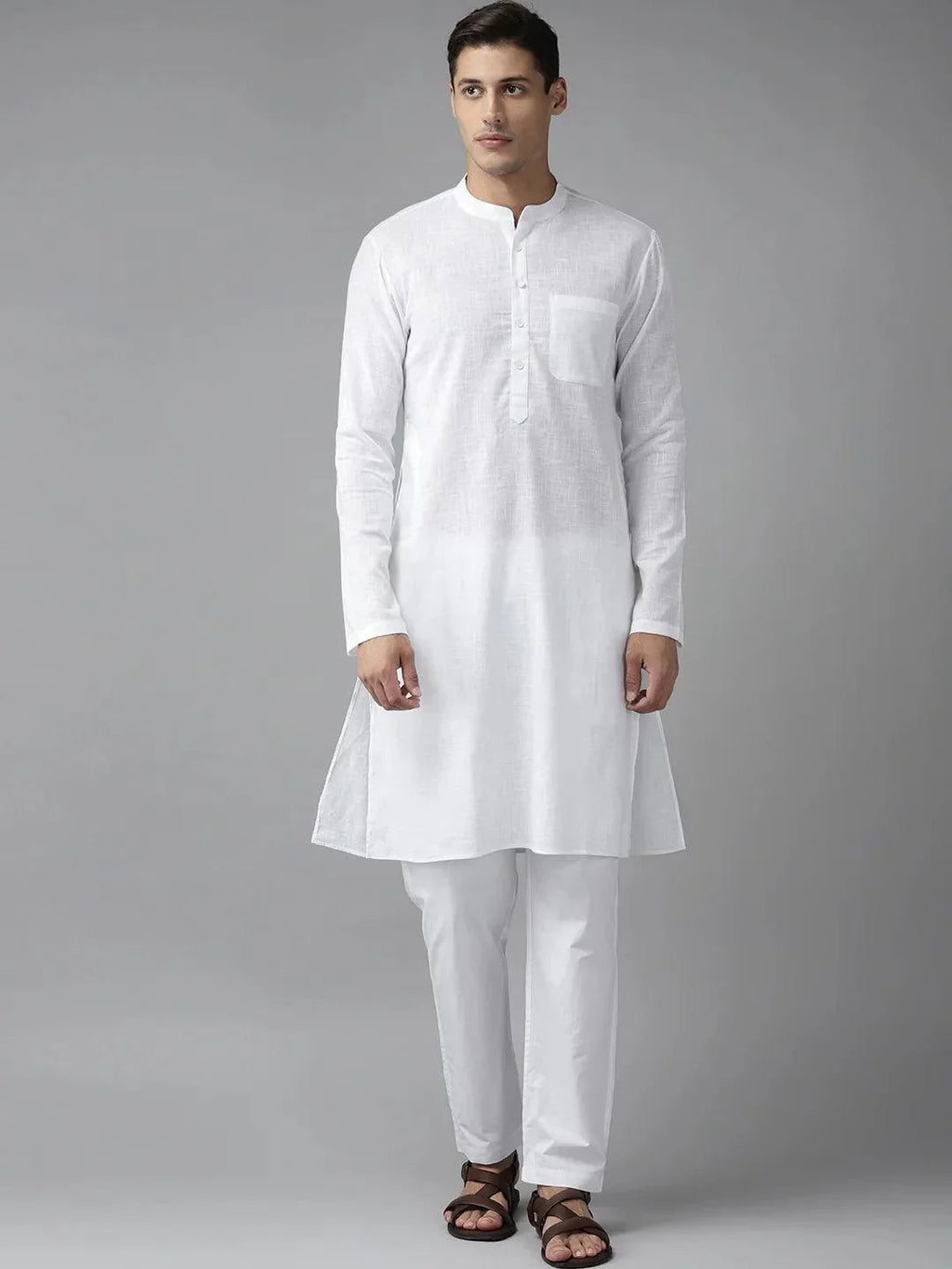 Fabmade Men White Cotton Linen Kurta Pyjama