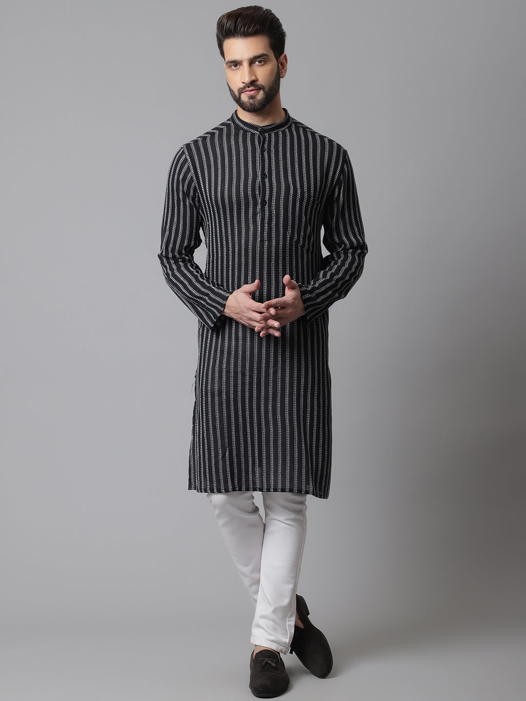 Even Apparels Black Pure Cotton Kurta With Band Collar