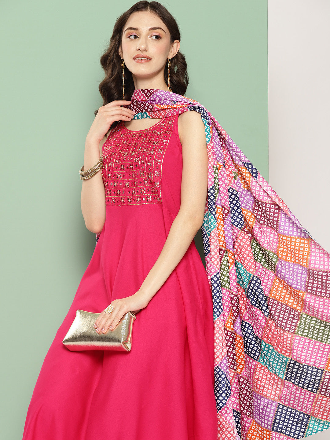 InWeave Women's Fuchsia Mirror Work Strappy Set W Square Bandhani Print Silk Dup