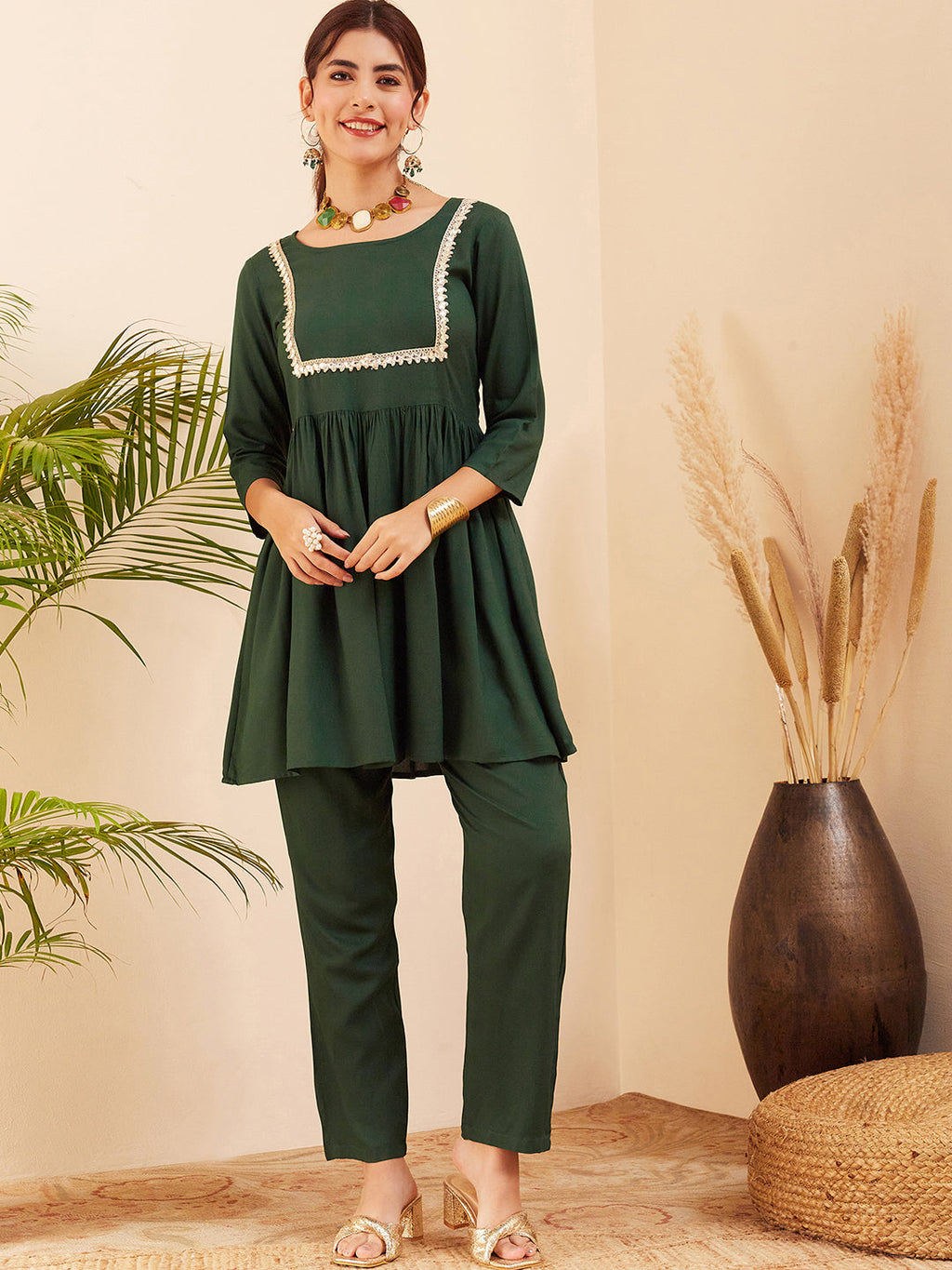 InWeave Women's Forest Green Round Neck Square Gota Work Kurta Pant Set