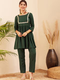 InWeave Women's Forest Green Round Neck Square Gota Work Kurta Pant Set