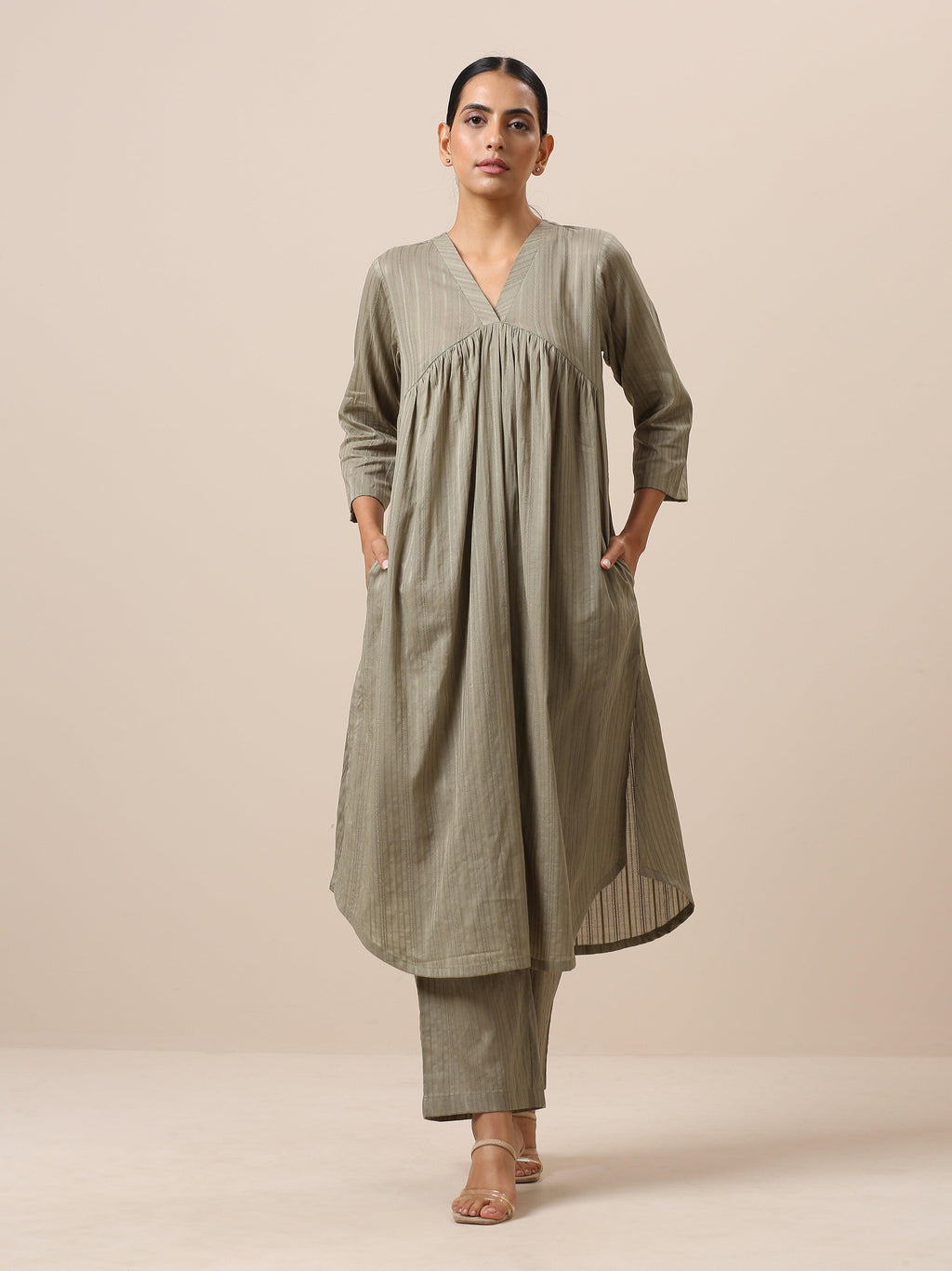 trueBrowns Cotton Olive Green Flared Slit Kurta Pant Set