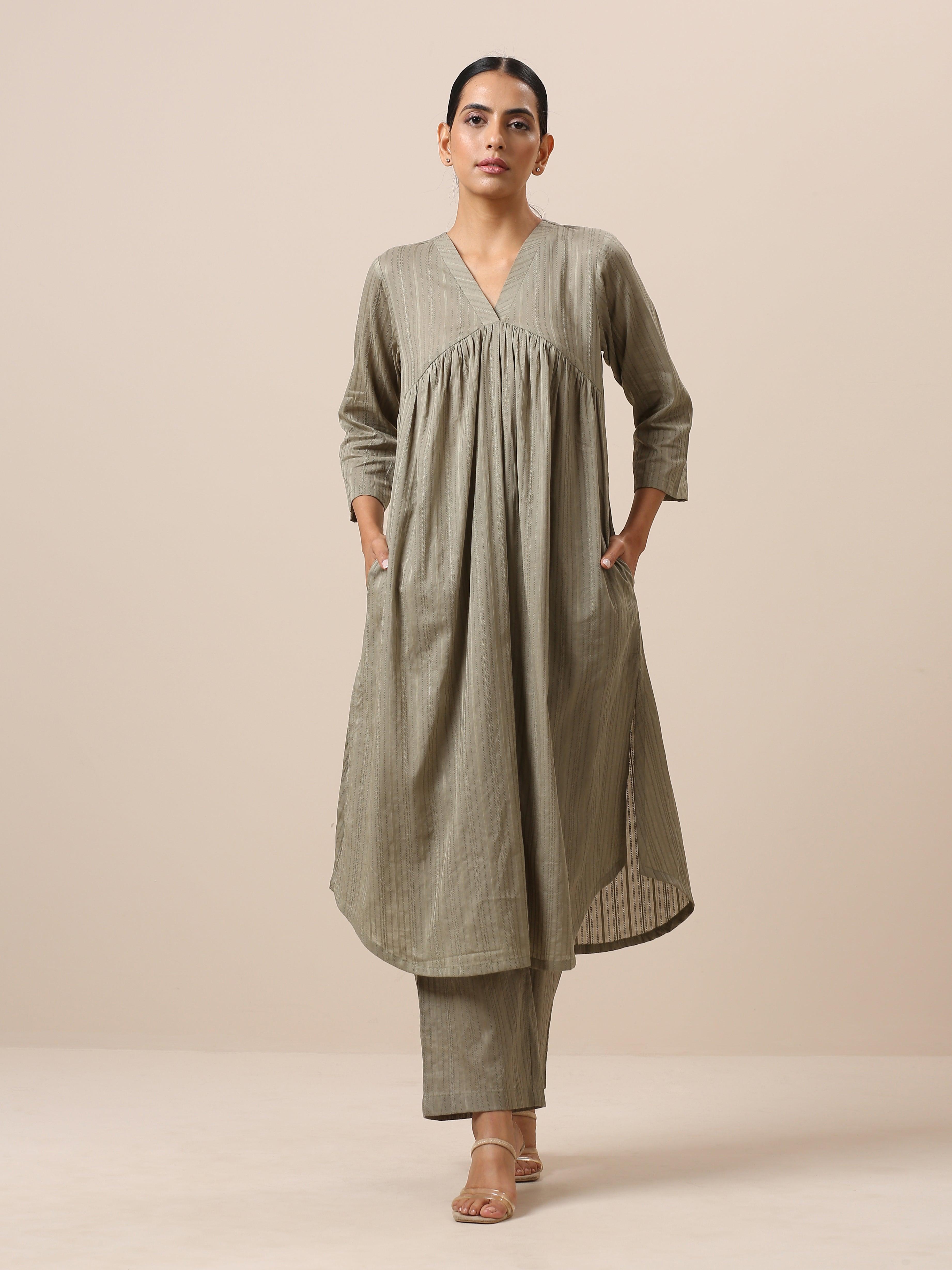 trueBrowns Cotton Olive Green Flared Slit Kurta Pant Set