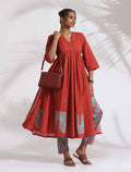 trueBrowns Red Cotton Print Flared Kurta Set