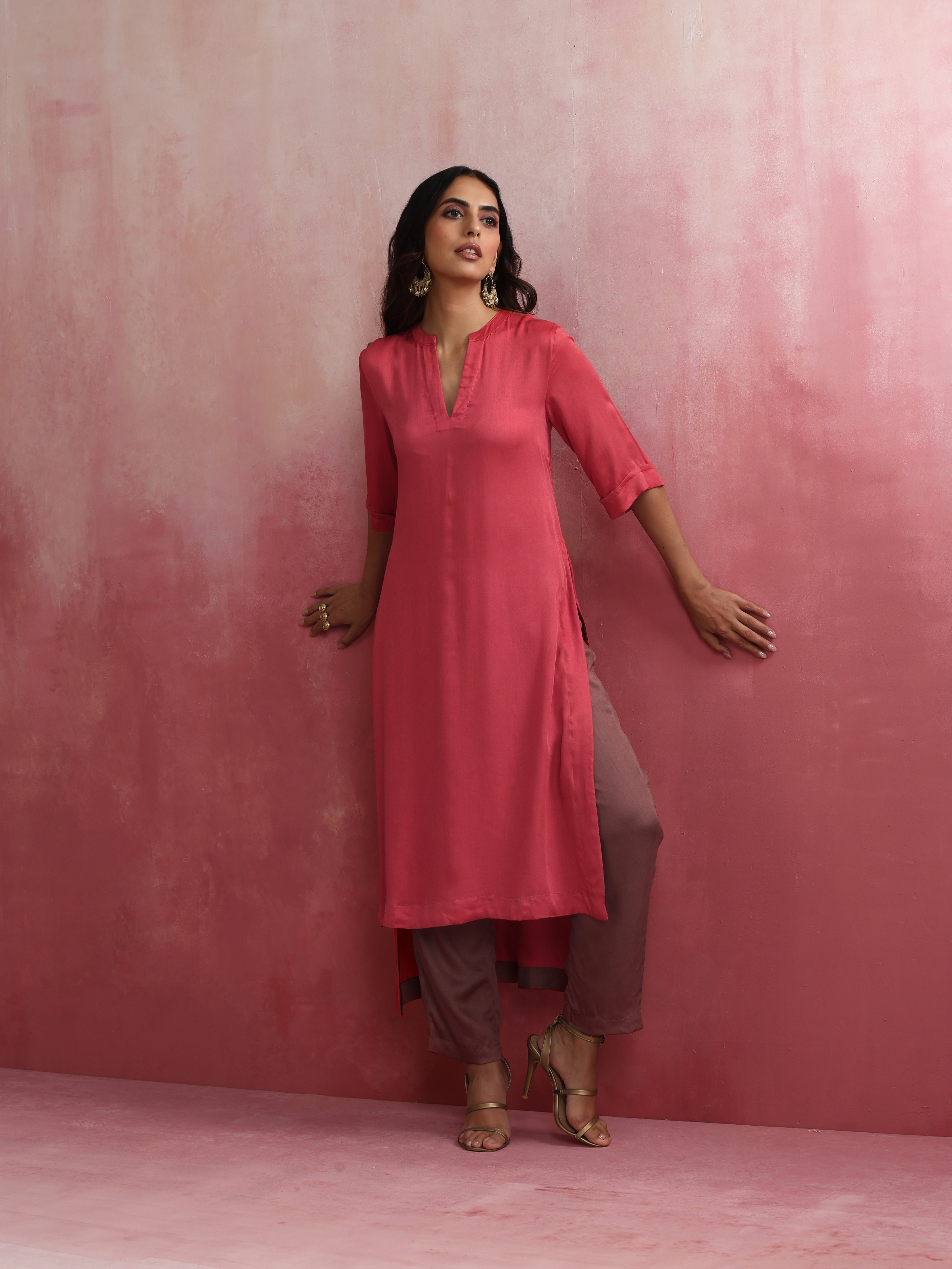 trueBrowns Red Modal Straight Fit Kurta Set