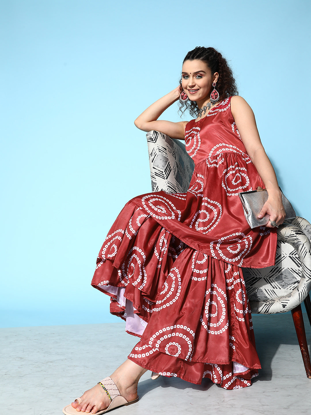 InWeave Women's Maroon Bandhani Motif Tiered Sharara Set