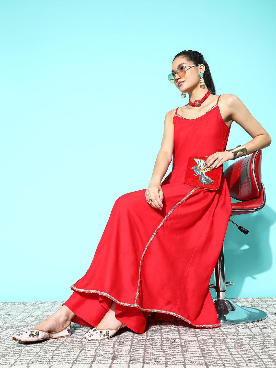 InWeave Women's Red Gota Strappy Kurta Set