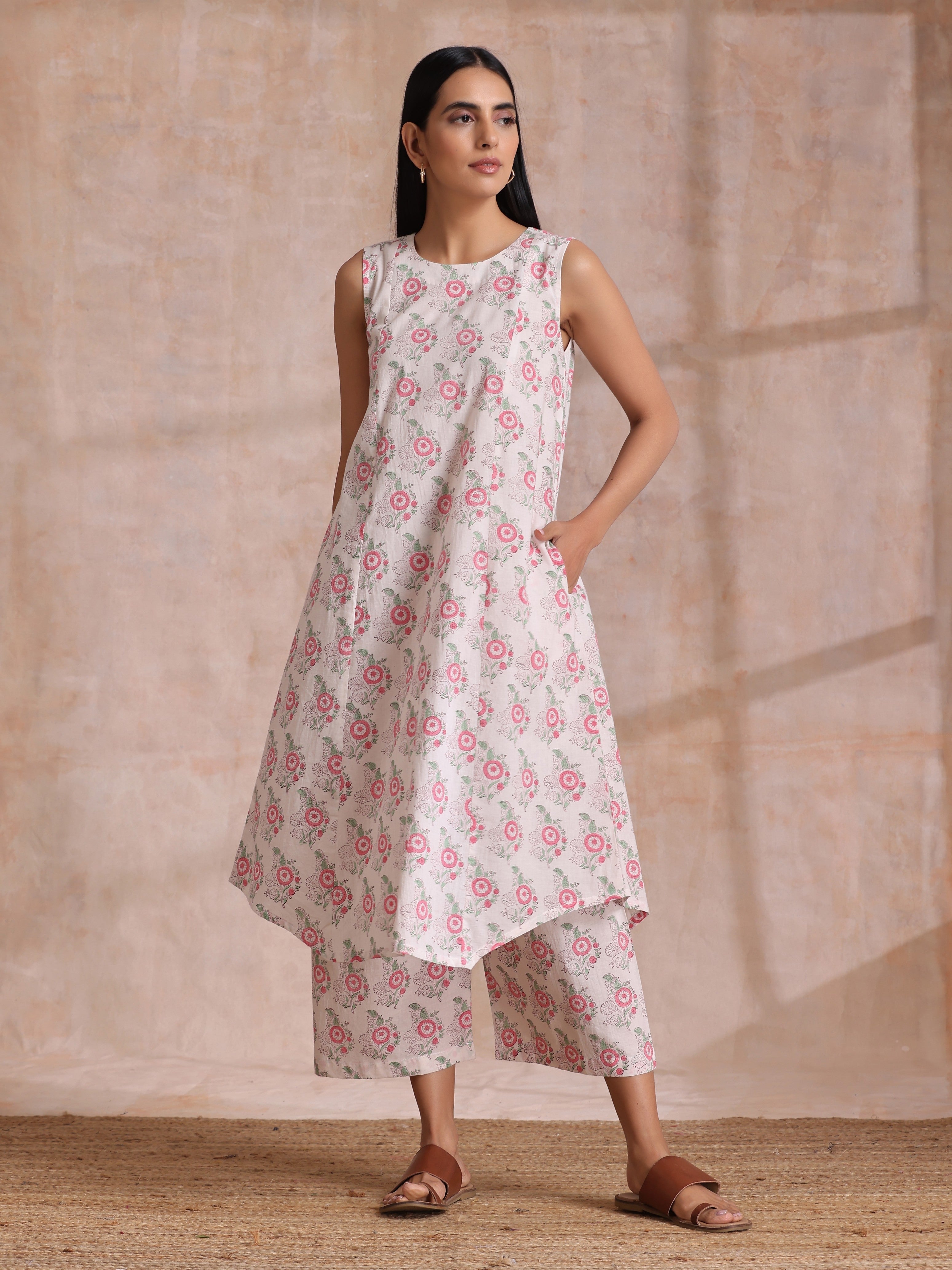 trueBrowns Pink Green Buta On White Block Print Cotton High-Low Co-Ord Set