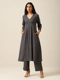 trueBrowns Slate Grey Slub Texture Overlap Pleat Kurta Pant Set | Relove
