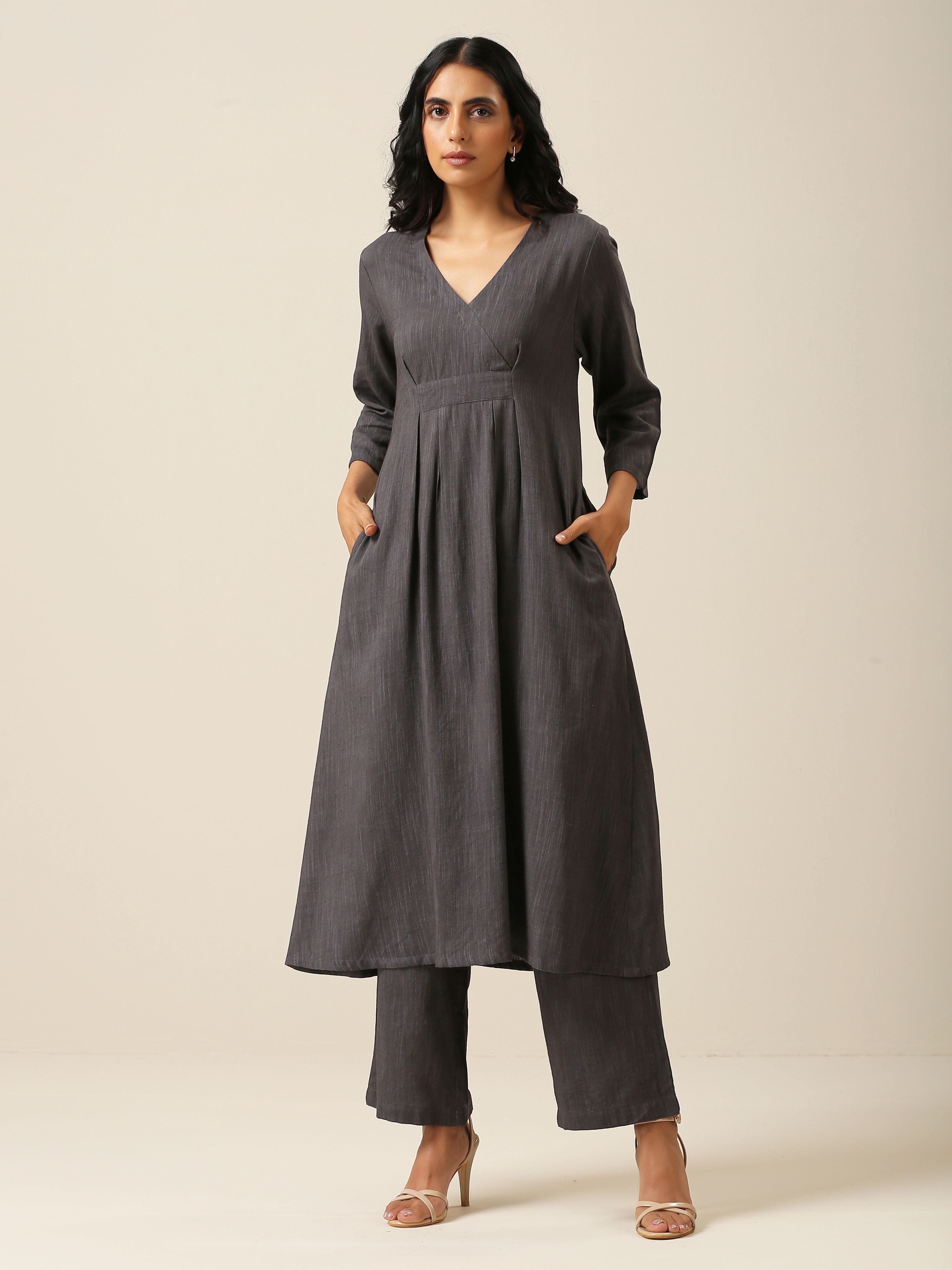 trueBrowns Slate Grey Slub Texture Overlap Pleat Kurta Pant Set | Relove