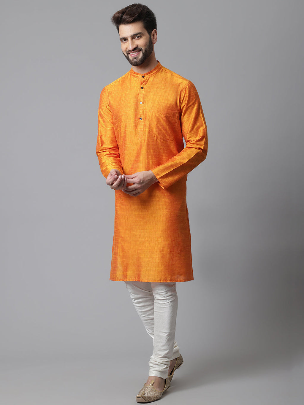 Even Apparels Orange Solid Kurta With Band Collar