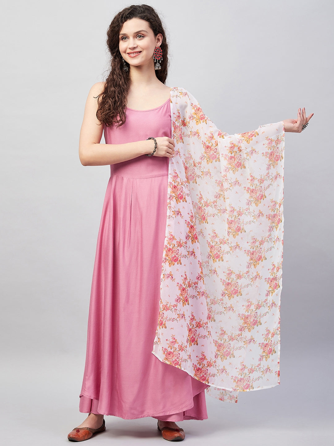 InWeave Women's Light Pink Strappy Set W Cream Orange Print Ge Dupatta